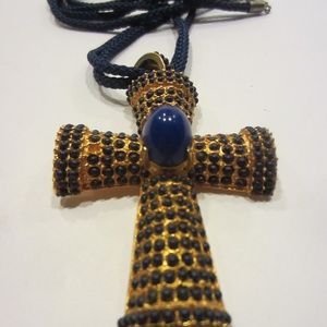 Vogue JLRY Cross Pendant Microbead Blue Golden Brass Rope Necklace